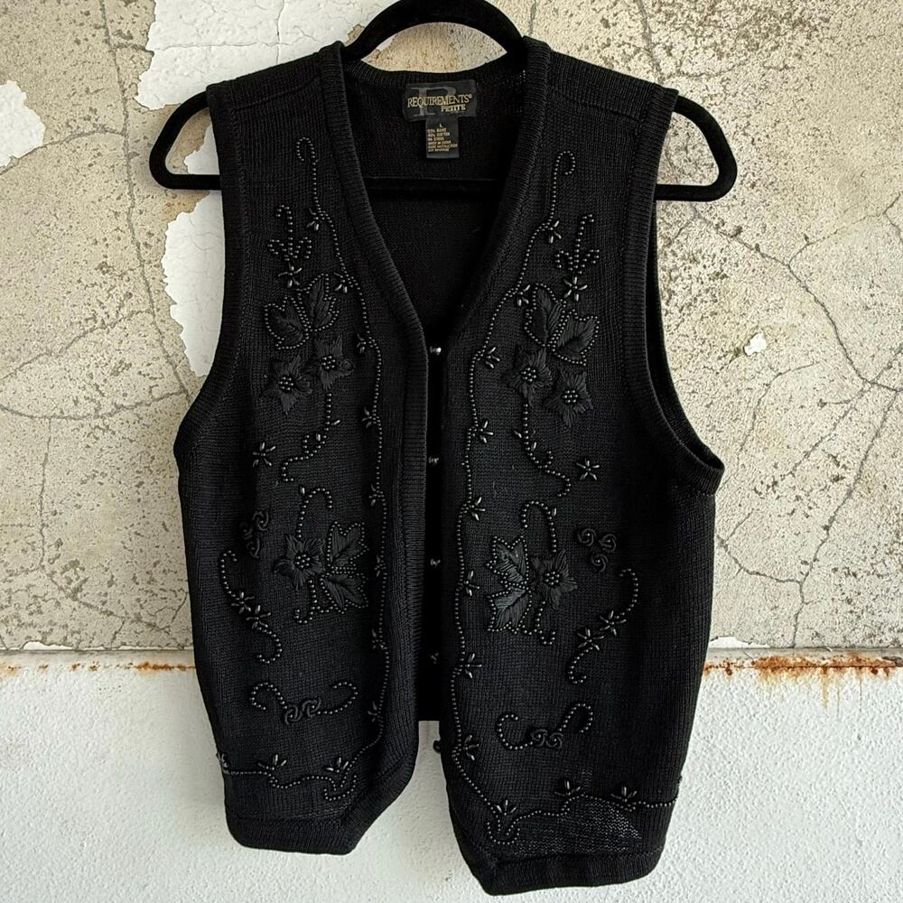 Vtg Sweater Vest Black Beaded Embroidered Floral Knit Womens L 90s Retro Glam
